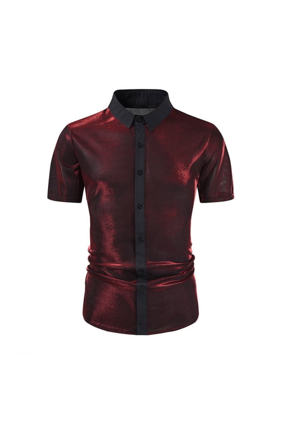 70s 80s Disco Shirt Button Up Disco Dress Shirts Costume Party Shirt Tops Men's Trendy Performance Costume Sequin Shirt Fashionable Shiny Short Sleeve Turn Down Collar Shirt Red 2X