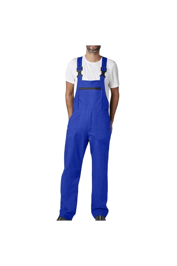Bib Overalls Work Overalls Baggy Jumpsuit with Pockets Men's Solid Color Multi-Pocket Work Overalls with Straps Blue L