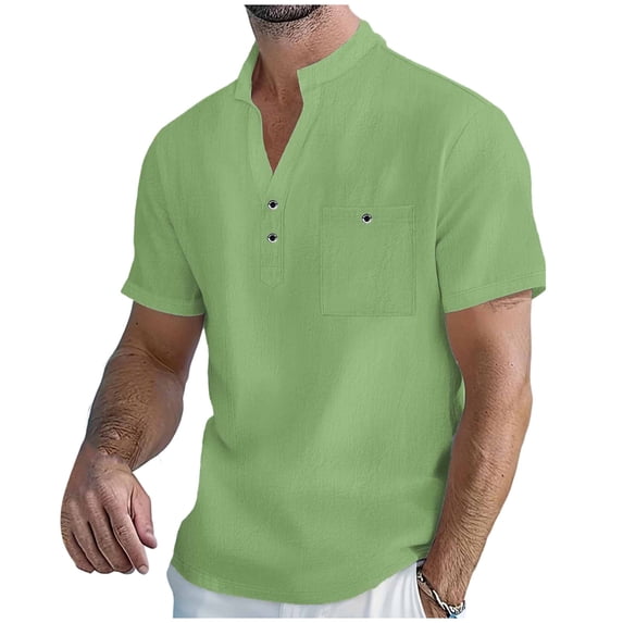KeShDi Big and Tall Henley Shirts for Men Chiffon Blouse Man Solid Color Casual Fashion Button Stand Collar Short Sleeve Pockets Blouse Shirt Green XL
