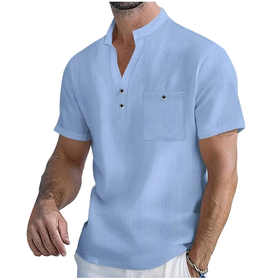 KeShDi Big and Tall Henley Shirts for Men Chiffon Blouse Man Solid Color Casual Fashion Button Stand Collar Short Sleeve Pockets Blouse Shirt Sky Blue 2X