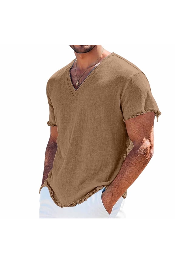 Big and Tall Shirts Neon Chiffon Blouse Man Casual Solid-Color Vintage Short Sleeve V-neck Blouse Shirt Top Brown 2X