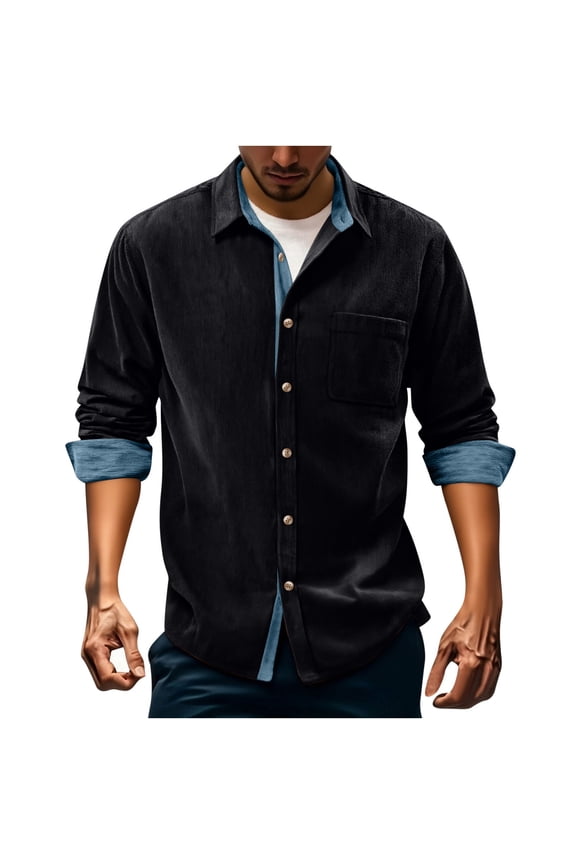 Black Dress Shirt for Men Corduroy Color Blocked Button Up Shirt Jacket Casual Long Sleeved Jacket Pocket Windproof Jacket Black S