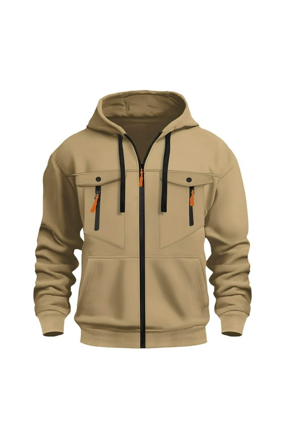 Black Zip Up Hoodie Pullover Hoodies for Men Men's Multi-pocket Sweatshirt Casual Fashion Zipper Pullover Sweatshirt Hoodie Solid Color Men's Long-sleeved Hooded Top Khaki S