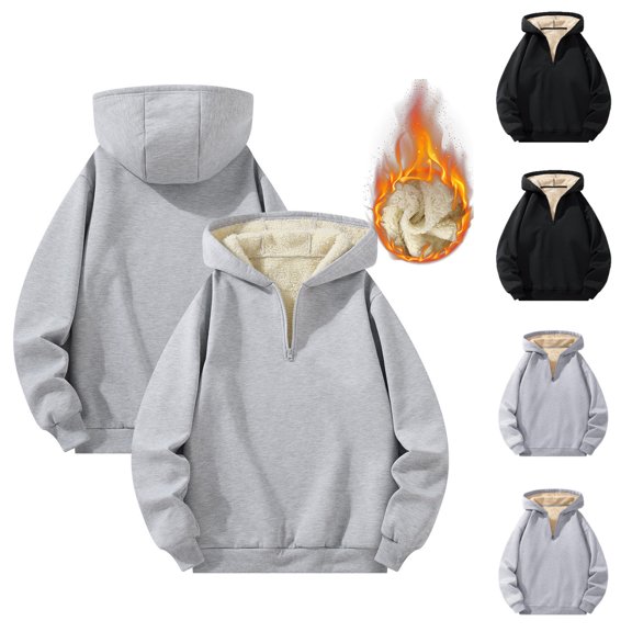 KeShDi Black Zip Up Hoodie Pullover Hoodies for Men Men's Solid Color Velvet Thick Quarter Zipper Long Sleeved Hooded Sweatshirt Black S