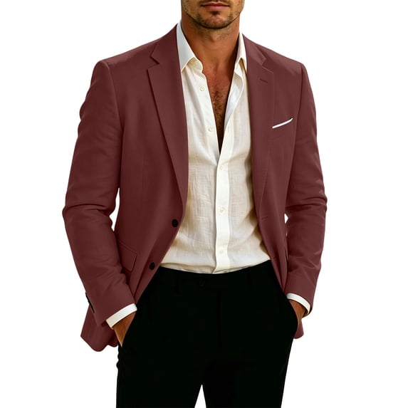 KeShDi Blazer for Men Lapel Long Sleeve Single Button Casual Work Office Suit Jacket Sport Coat Wine XL