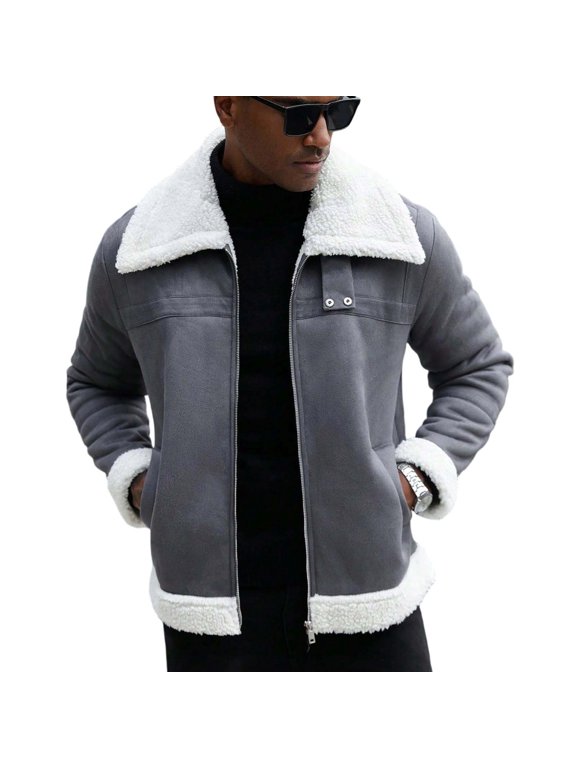 Bomber Jacket Men Fleece Lined Thick Parka Leather with Chain Thick Work Jacket Gray L