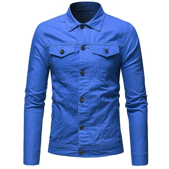 KeShDi Bomber Jacket Men's Lapel Slimfit Solid Color Pocket Button Long Sleeve Jacket Blue XL