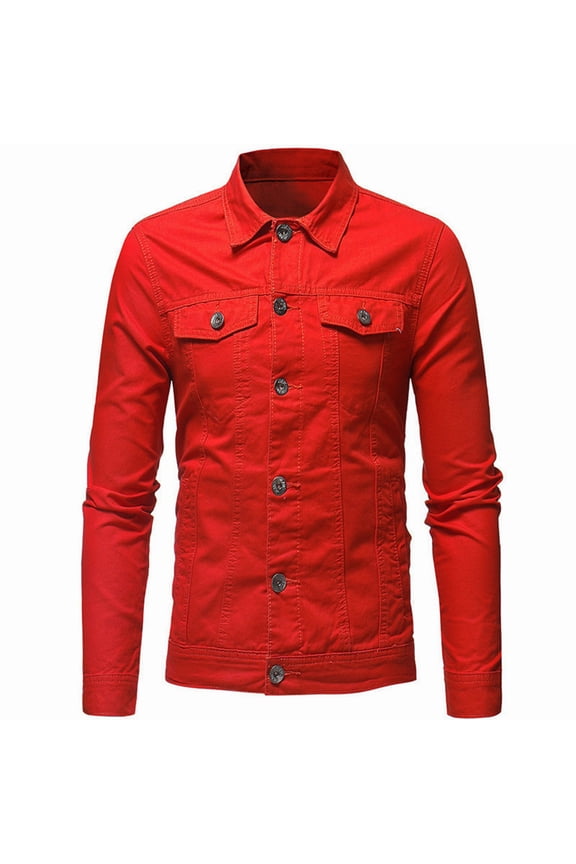 Bomber Jacket Men's Lapel Slimfit Solid Color Pocket Button Long Sleeve Jacket Red M