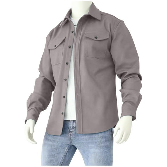 KeShDi Bomber Jacket Mens Fleece Jacket Man Winter Long Sleeve Button Pockets Turn-down Collar Jacket Coat Gray M