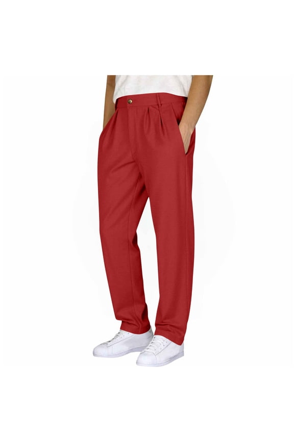 Business Casual Pants Dress Pants Men's Casual Loose Straight Leg Solid Pants with Double Pleated Front Pocket Red 2X