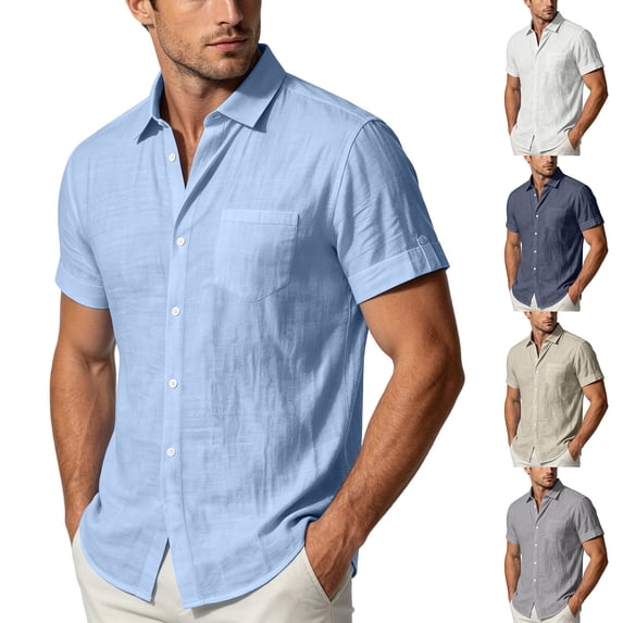 KeShDi Button Up Shirts for Men Work Tops Hawaiian Style Linen Loose Casual Short Sleeve Shirt with Lar Navy S