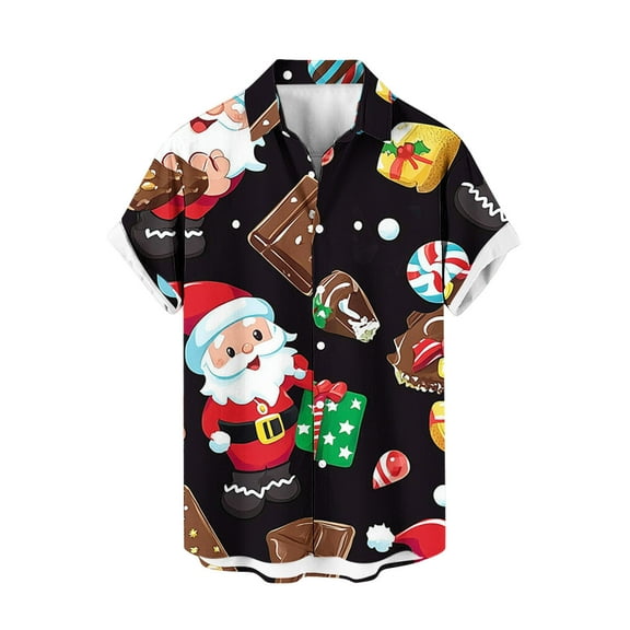 KeShDi Camo Shirt Christmas Men Casual Fashion Turndown Collar Printing Short Sleeve Button Shirt Blouse Black L