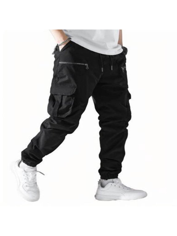 Cargo Pants for Men Zip Large Pockets Techwear Trousers Elastic Waist Wide Leg Baggy Streetwear Casual Pants Black L