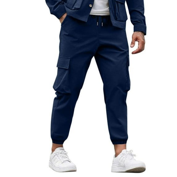 KeShDi Cargo Sweatpants Men Army Pants Casual and Fashionable Solid Color Pocket Drawstring Elastic Waist Workwear Pants Navy XL