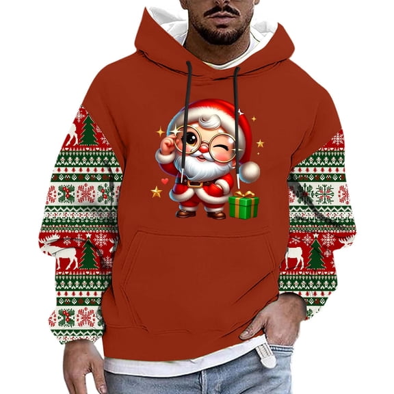 KeShDi Christmas Button Down Shirt Men Fashion Men Casual Print Hooded Long Sleeve Drawstring Sweatshirt Top Red XS