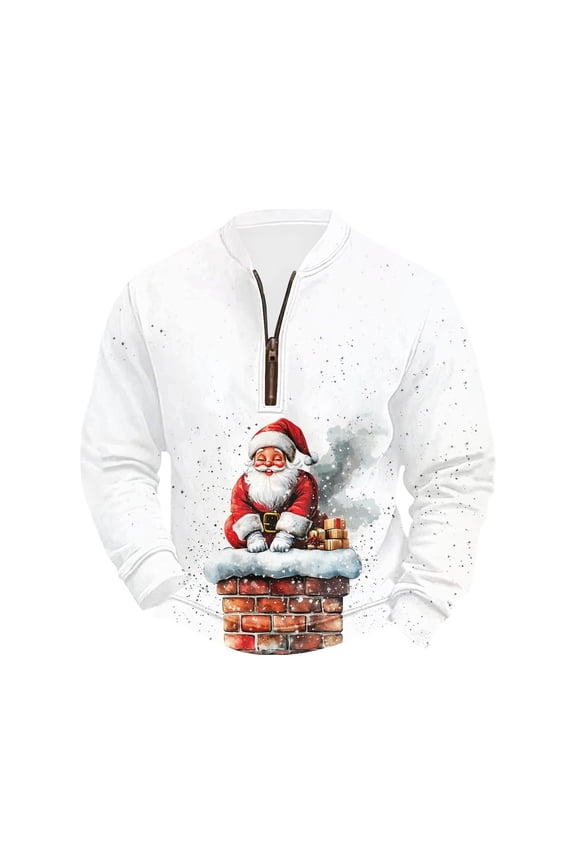 Christmas Flannel Shirt for Men Christmas Thick Thread Half High Collar Zipper Top Multicolor 4X