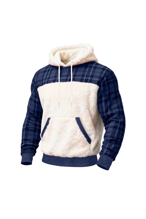 Christmas Flannel Shirt for Men's Christmas Plaid Fleece Long Sleeve Hooded Sweatshirt Navy XL