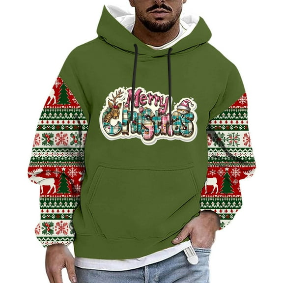 KeShDi Christmas Men's T-Shirts Fashion Men Casual Print Hooded Long Sleeve Drawstring Sweatshirt Top Army Green S