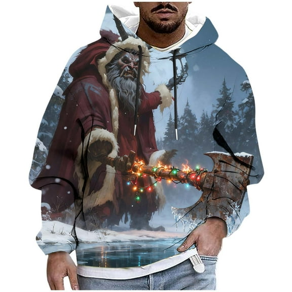 KeShDi Christmas Mens Flannel Shirt Fashion Men Casual Print Hooded Long Sleeve Drawstring Sweatshirt Top Blue M