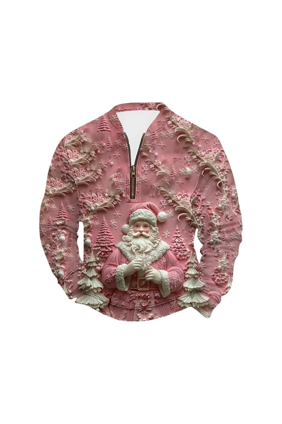 Christmas Mens Flannel Shirt Men's Christmas Thick Thread Half High Collar Zipper Top Multicolor 2X