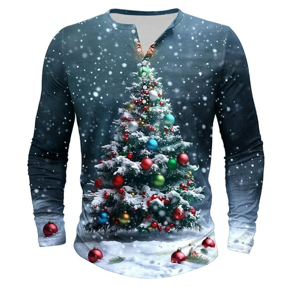 KeShDi Christmas Mens Shirts Men's Christmas Printed Long Sleeved Round Neck Top Long Sleeve Round-Neck Blouses Shirts BlueS