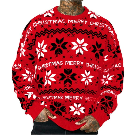 KeShDi Christmas Sweater Men Men's Casual Christmas Sweater Loose Drop Shoulder Long Sleeve Sweater Crew Neck Sweater Red 3X