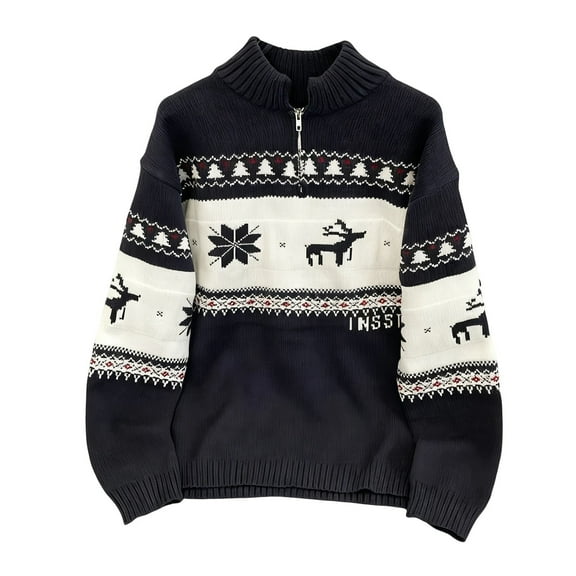 KeShDi Christmas Sweater Men Men's Warm Sweater Christmas Knitted Top Casual Men's Pullover Knitted Sweater Stand Up Collar Sweater Navy 2X