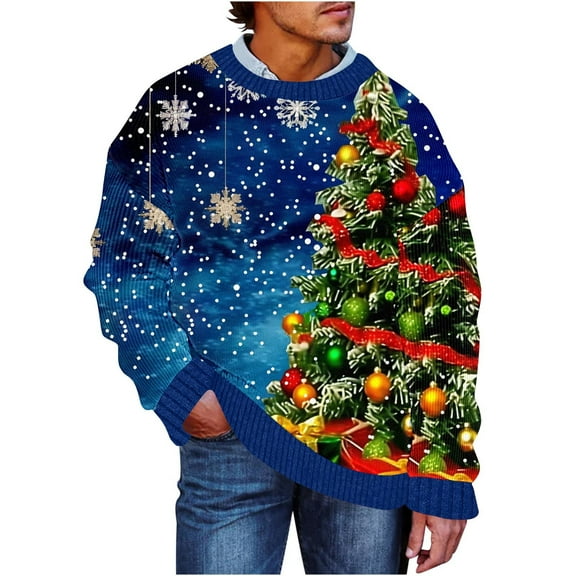 KeShDi Christmas Sweatshirt Men's Christmas Pattern Christmas Cozy Sweater Long Sleeve Crew Neck Top Blue 2X