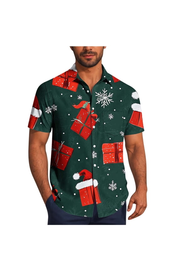 Christmas T Shirts for Man Men Casual Fashion Turndown Collar Printing Short Sleeve Button Shirt Blouse Army Green 5X