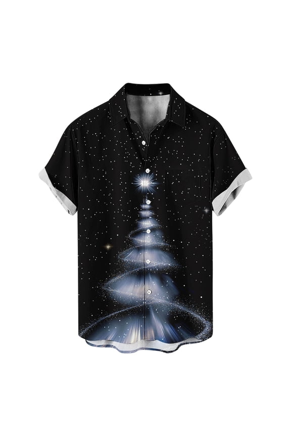 Christmas T Shirts for Man Men Casual Fashion Turndown Collar Printing Short Sleeve Button Shirt Blouse White 3X