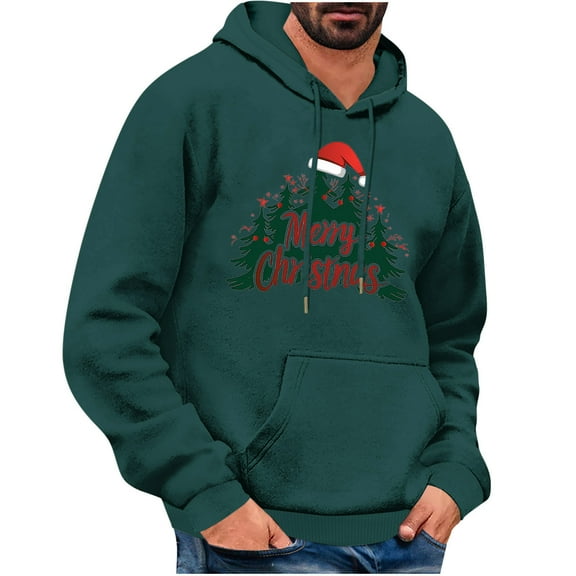 KeShDi Christmas T Shirts for Man Men's Christmas Printed Casual Hooded Long Sleeved Sweatshirt Army Green S