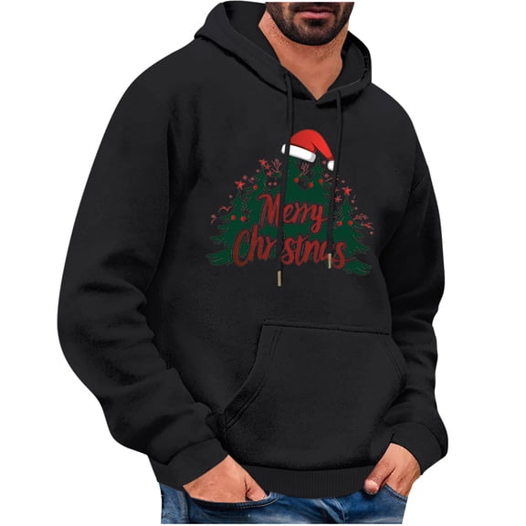 KeShDi Christmas T Shirts for Man Men's Christmas Printed Casual Hooded Long Sleeved Sweatshirt Black S