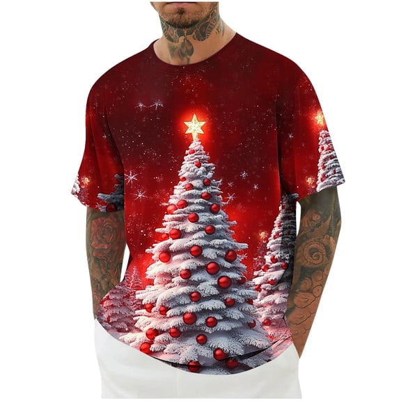KeShDi Christmas Tshirts Shirts for Men Print Round Neck Casual Fashion Short Sleeve Round-Neck Blouses Shirts RedXL