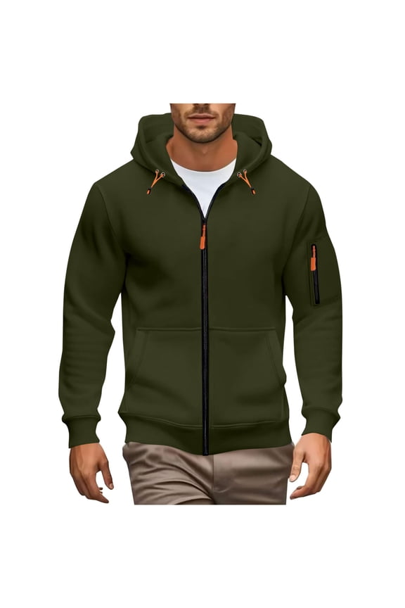 Coat Men ZipperSolid Color Casual Fashion Hooded Pockets Long Sleeved Outwear Army Green S