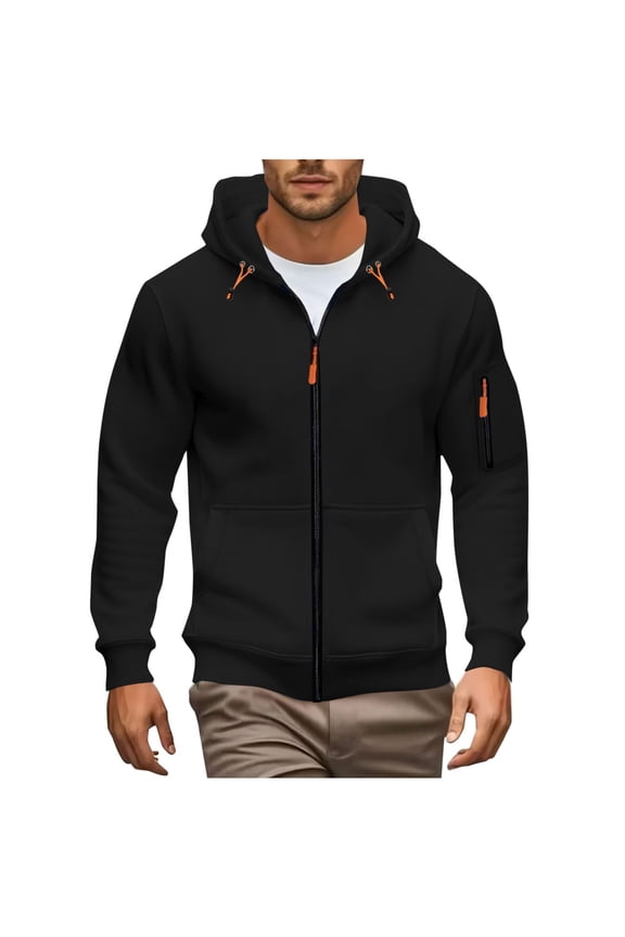 Coat Men ZipperSolid Color Casual Fashion Hooded Pockets Long Sleeved Outwear Black L