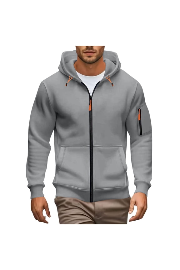 Coat Men ZipperSolid Color Casual Fashion Hooded Pockets Long Sleeved Outwear Gray S