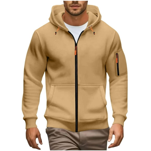 KeShDi Coat Men ZipperSolid Color Casual Fashion Hooded Pockets Long Sleeved Outwear Khaki S