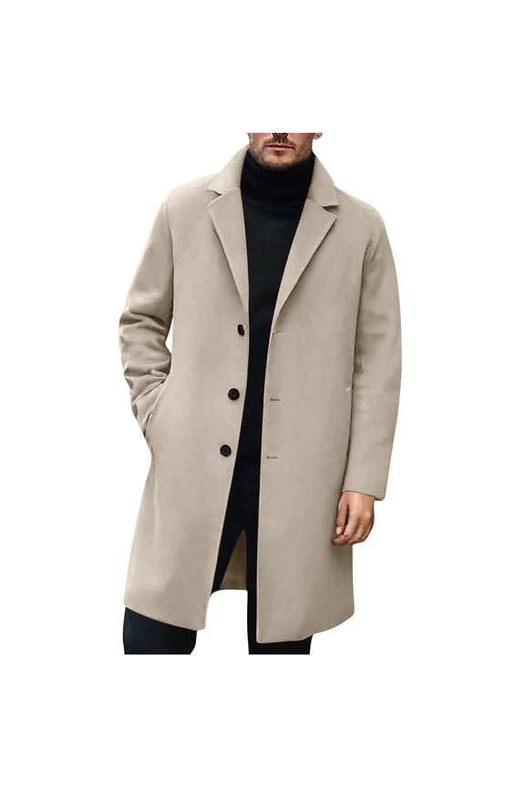 Coat Men's Solid Medium Long Casual Coat Coat Long Sleeve Lapel Collar Pocket Coat Khaki XL