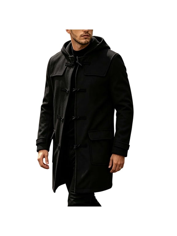 Coat for Men Toggle Button Lapel Long Sleeve Mid Length Wool Blend Jacket with Pockets Black M