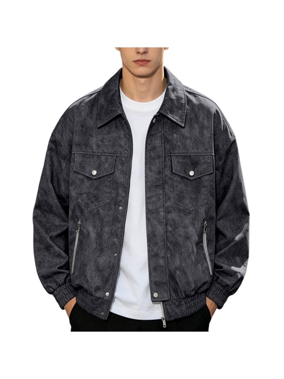 Corduroy Jacket for Men Chambray Vintage Washed Textured Lapel Collar Jacket Loose Snap Zip Pocket Elastic Cuff Fall Winter Black M