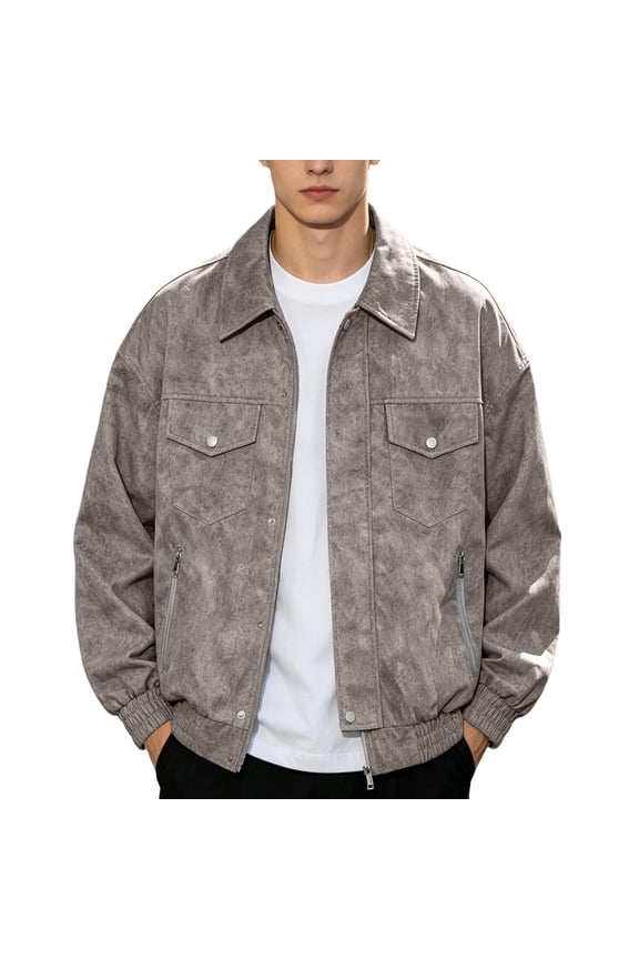 Corduroy Jacket for Men Chambray Vintage Washed Textured Lapel Collar Jacket Loose Snap Zip Pocket Elastic Cuff Fall Winter Coffee 5X