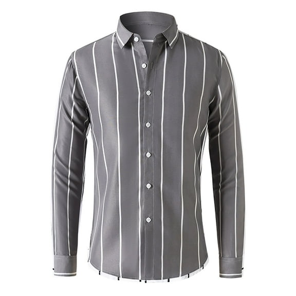 KeShDi Crewneck Sweatshirt New Men's Fashion Stripe Print Shirt Long Sleeve Collar Button Casual Slim Shirt Top Blouse Shirt Gray L