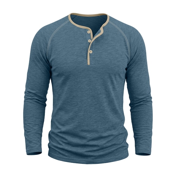 KeShDi Crewneck T Shirts for Men Contrast Collar Button Placket Long Sleeve Casual Base Layer Top Navy 2X