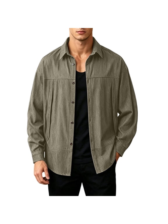 Denim Jacket Men Cotton Track Stretch Vintage Washed Loose Long Sleeve Button Down Shacket Lapel Collar Stitched Pocket Casual Oversized Shirt Jacket Brown 4X