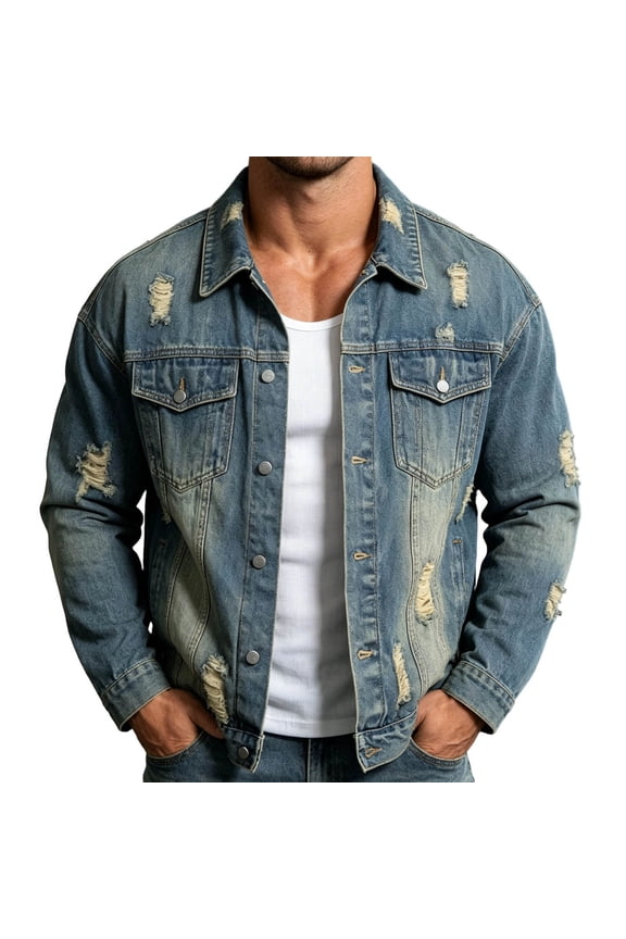Denim Jacket for Men Cowboy Cut Button Blue Ripped Denim Jacket for Men Fall Style High Street Cool Distressed Workwear Jacket Denim Light Blue L