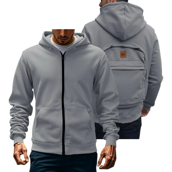 KeShDi Denim Jacket Men's Fleece Hooded Jacket Solid Color Thickened Warm Multi-Pocket Workwear Coat Gray M