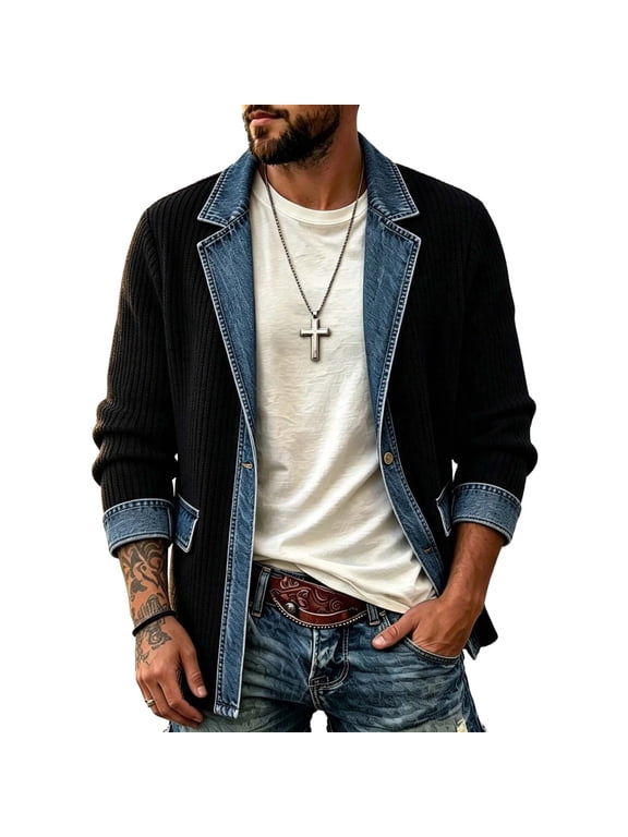 Denim Jacket for Men Knit Patchwork Jean Coat with Pockets One Button Color Block Casual Trucker Jacket Black M