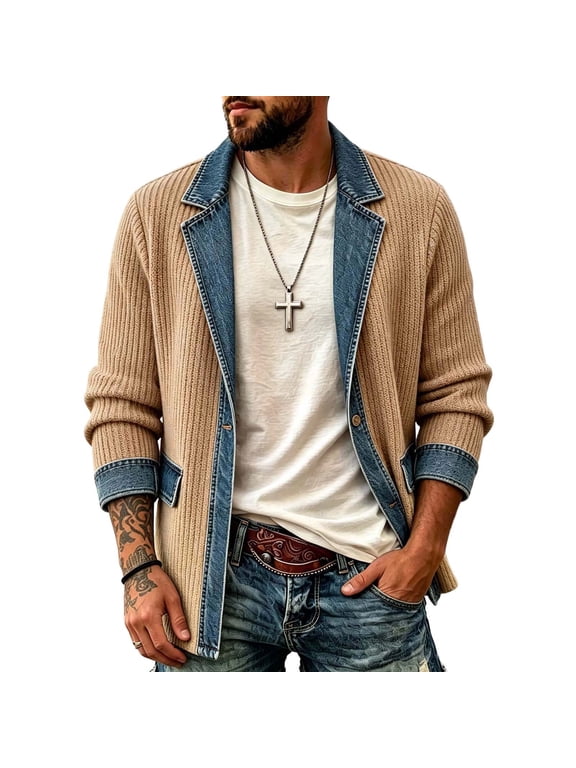 Denim Jacket for Men Knit Patchwork Jean Coat with Pockets One Button Color Block Casual Trucker Jacket Khaki S