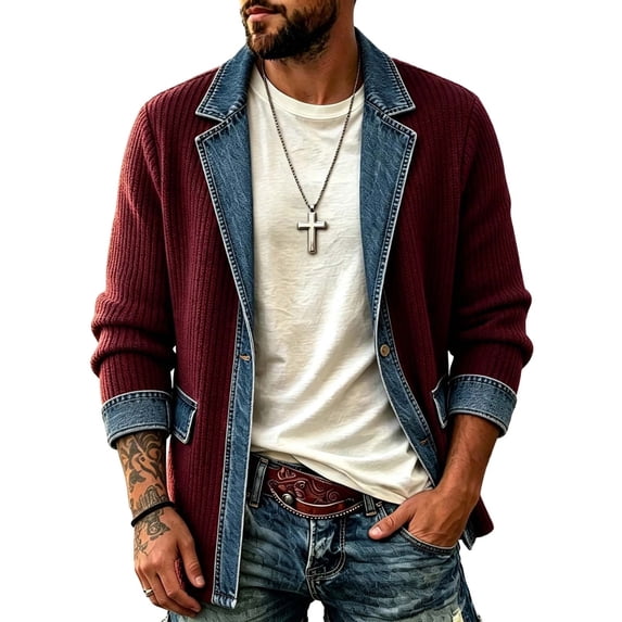 KeShDi Denim Jacket for Men Knit Patchwork Jean Coat with Pockets One Button Color Block Casual Trucker Jacket Wine XL