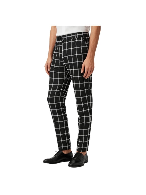 Dress Pants for Men Plaid Slim Fit Tapered Leg Trousers Business Casual formal Office Wear Suit Pants with Pockets Black S